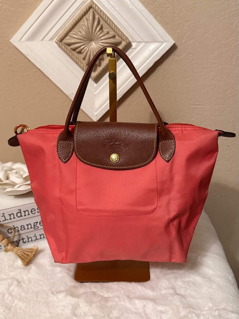 Longchamp Coral Tote with Brown Leather Trim